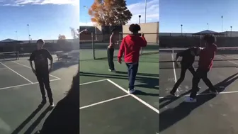 Black shirt Dude Takes Down 2 Students For Siss Bullies