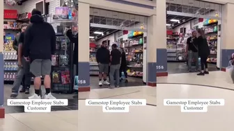 Employee stabs a customer in the neck.