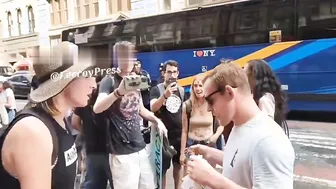 Man eats kebab in front of animal activists.