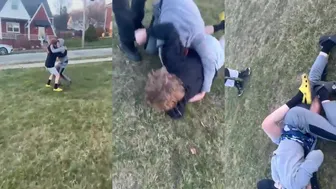 Kids fighting over a touchdown in backyard football